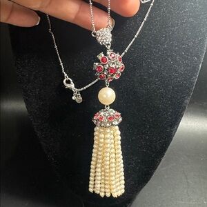 Ann Taylor  Tassel Pendant Necklace faux simulated pearls red rhinestones long